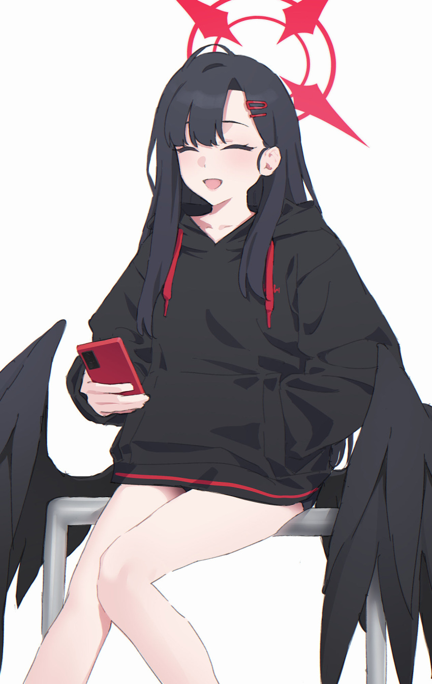 :d bare_legs black_hoodie black_wings blue_archive cellphone closed_eyes drawstring feathered_wings female hair_ornament hairclip halo hand_in_pocket highres holding holding_phone hood hood_down hoodie ichika_(blue_archive) long_hair low_wings mikazuchi_zeus phone railing sitting smartphone smile solo wings