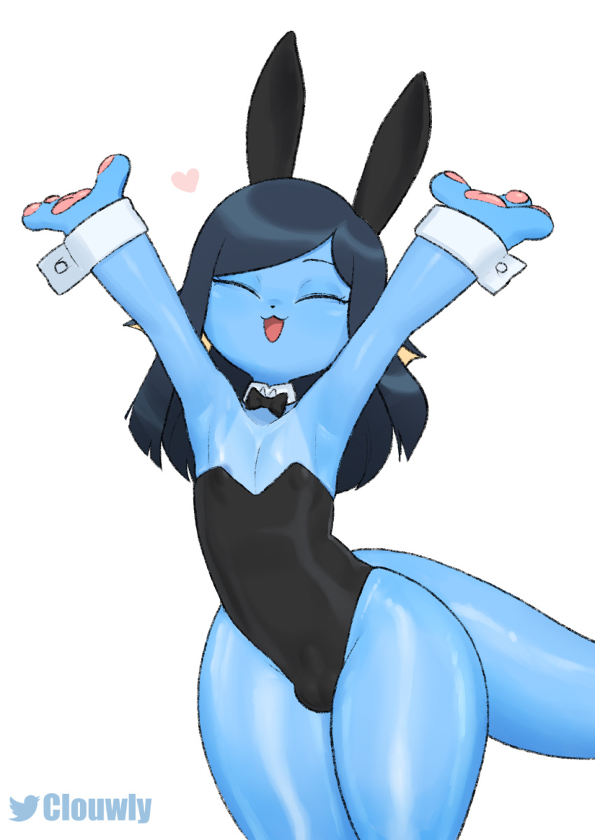 bow_tie bunny_costume clothing clouwly costume eeveelution fake_ears fake_rabbit_ears generation_1_pokemon glistening glistening_body glistening_skin heart_symbol hi_res nintendo pokemon pokemon_(species) thick_thighs vaporeon yeon_(clouwly)