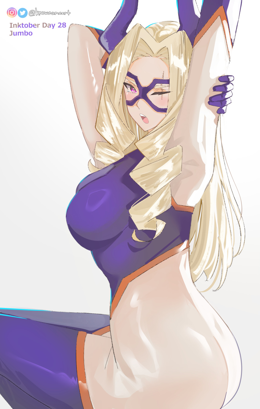 absurdres arms_up ass blonde_hair bodysuit boku_no_hero_academia breasts cleavage commentary cowboy_shot drill_hair english_commentary female highres horns inktober instagram_logo instagram_username knowname large_breasts long_hair looking_at_viewer mount_lady multicolored_bodysuit multicolored_clothes one_eye_closed open_mouth orange_bodysuit pink_eyes purple_bodysuit purple_horns purple_mask scar scar_across_eye simple_background sitting skin_tight solo stretching tearing_up teeth twin_drills twitter_logo twitter_username upper_teeth_only white_background white_bodysuit