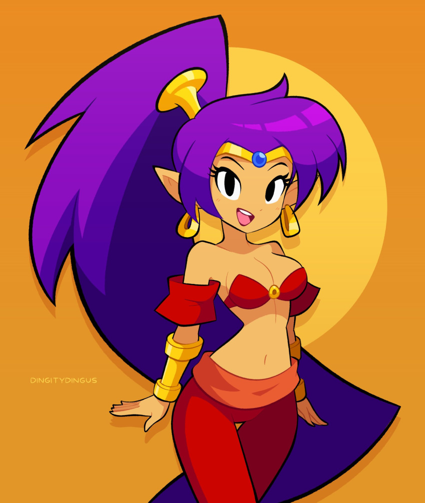 breasts cleavage clothed clothing dingitydingus ear_piercing ear_ring female genie hair hi_res humanoid humanoid_pointy_ears long_hair looking_at_viewer not_furry open_mouth open_smile piercing pointy_ears ponytail purple_hair ring_piercing shantae shantae_(series) signature simple_background smile solo tan_body tan_skin wayforward