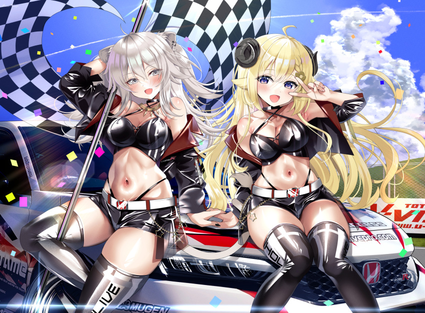 alternate_costume animal_ears arm_up belt black_choker black_jacket black_panties black_shorts black_thighhighs blonde_hair blush breasts car checkered_flag choker cleavage cloud confetti curled_horns day ear_piercing female flag front_zipper grey_eyes grey_hair hair_between_eyes highleg highleg_panties highres holding holding_flag hololive honda horns jacket jacket_partially_removed large_breasts lion_ears lion_girl long_hair looking_at_viewer midriff mizuno_kurage motor_vehicle navel on_car open_clothes open_jacket outdoors panties piercing purple_eyes race_queen shishiro_botan short_shorts shorts sitting smile solo sports_car thighhighs tsunomaki_watame underwear v virtual_youtuber white_belt