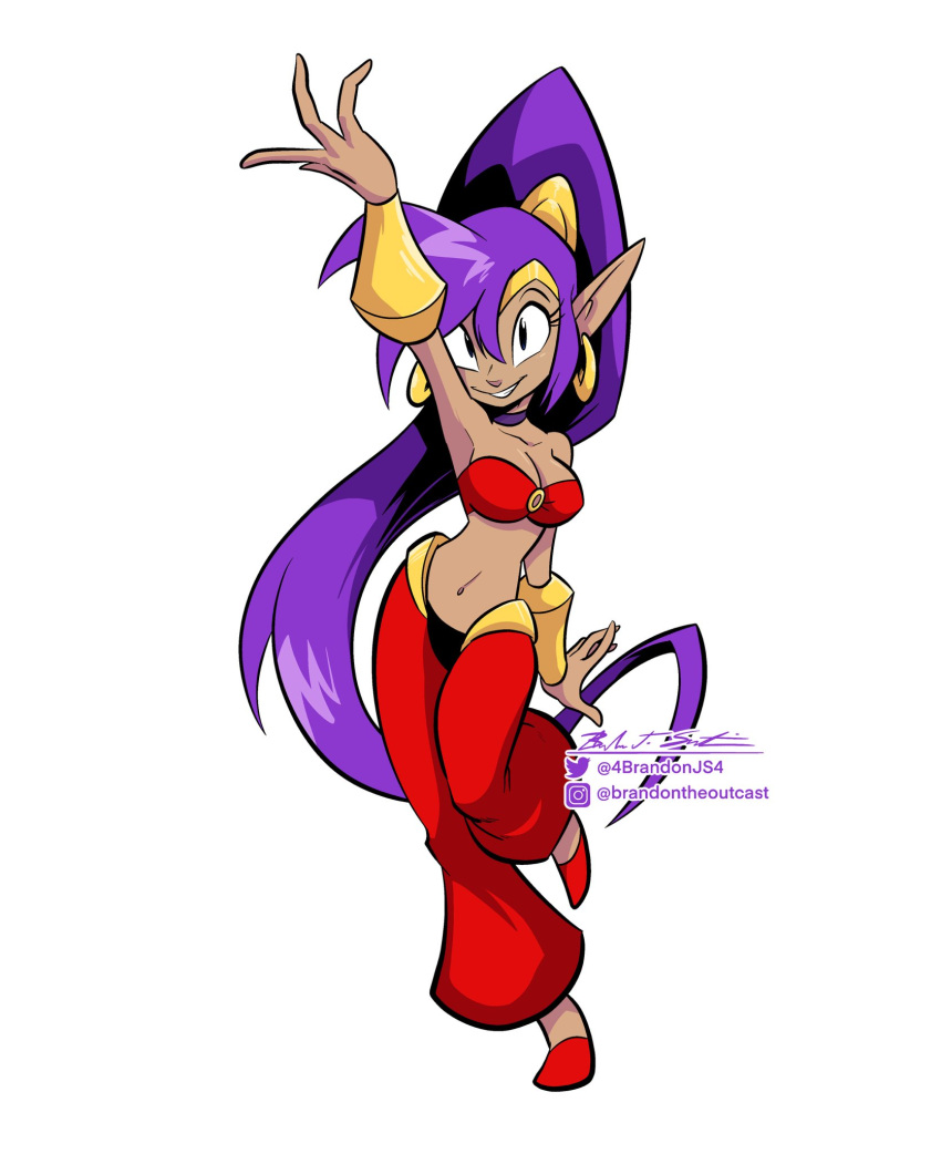 4brandonsj4 breasts cleavage clothed clothing dark_body dark_skin ear_piercing ear_ring female footwear genie hair hi_res humanoid humanoid_pointy_ears long_hair not_furry piercing pointy_ears ponytail purple_hair ring_piercing shantae shantae_(series) shoes signature simple_background smile solo wayforward