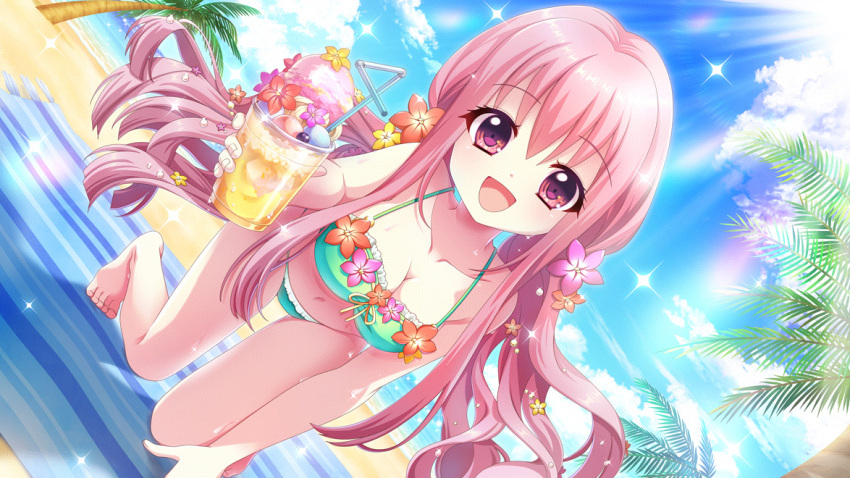 :d all_fours asahi_hina beach bikini blanket blue_sky breasts cleavage cloud collarbone cup day dot_nose drink drinking_glass drinking_straw dutch_angle female film_grain flower flower_bikini food game_cg green_bikini hair_flower hair_ornament hibiscus ice ice_cream ice_cream_float ice_cube izumi_tsubasu long_hair looking_at_viewer medium_breasts navel non-web_source ocean official_art on_blanket open_mouth outdoors palm_tree pink_eyes pink_hair purple_flower re:stage! red_flower sidelocks sky smile solo sparkle sunlight swimsuit tree very_long_hair wet yellow_flower