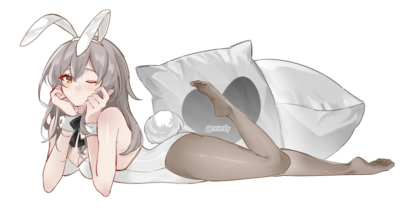 animal_ears bare_shoulders breasts cleavage fake_animal_ears fake_tail female grey_hair highres honkai:_star_rail honkai_(series) leotard looking_at_viewer lying on_stomach one_eye_closed pantyhose playboy_bunny rabbit_ears rabbit_tail ririirisly solo stelle_(honkai:_star_rail) tail trailblazer_(honkai:_star_rail) white_background white_leotard wrist_cuffs yellow_eyes