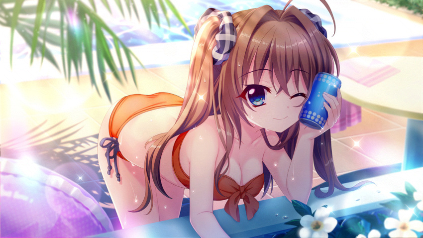 ahoge ass bent_over bikini blue_eyes breasts brown_hair can cleavage closed_mouth collarbone dot_nose female film_grain flower game_cg grey_scrunchie hair_intakes hair_ornament hair_scrunchie holding holding_can izumi_tsubasu lens_flare looking_at_viewer medium_breasts non-web_source official_art one_eye_closed plaid_scrunchie plant polka_dot_innertube poolside purple_innertube re:stage! red_bikini round_table scrunchie shikimiya_aone side-tie_bikini_bottom smile solo sparkle strapless strapless_bikini sunlight swimsuit table tile_floor tiles towel tower two_side_up wet white_flower