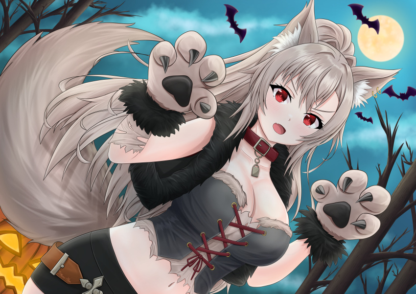 :o absurdres animal_ear_fluff animal_ears animal_hands bare_tree bat_(animal) belt black_shorts black_vest breasts brown_belt claw_pose cleavage collar collarbone cowboy_shot dutch_angle eydis_(cuddly_werewolf)_(sao) eydis_(sao) female full_moon fur_vest gloves grey_corset grey_hair halloween highres large_breasts long_hair looking_at_viewer midriff moon name_tag navel night night_sky oerba_yun_fang official_alternate_costume open_clothes open_mouth open_vest paw_gloves phanuchan ponytail red_collar red_eyes short_shorts shorts skin_fang sky solo sword_art_online sword_art_online:_alicization sword_art_online:_unleashed_blading tail tree vest werewolf_costume wolf_ears wolf_girl wolf_tail