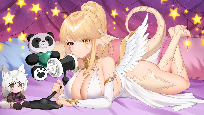 absurdres angel_wings bare_shoulders binaural_microphone blonde_hair breasts character_doll cleavage closed_mouth detached_sleeves dress feathered_wings feet female gold_collar gold_trim highres indie_virtual_youtuber large_breasts long_hair lying microphone momo_cita on_stomach sakotach scales star_(symbol) stuffed_animal stuffed_panda stuffed_toy tail virtual_youtuber white_dress white_sleeves white_wings wings yellow_eyes