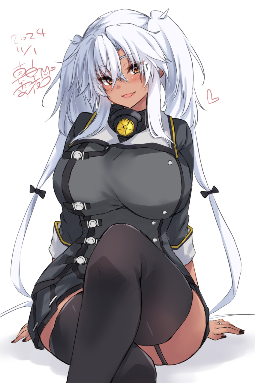 absurdres black_nails black_skirt black_thighhighs blush breasts brown_eyes dark-skinned_female dark_skin dated female garter_straps gradient_nails grey-framed_eyewear hair_between_eyes highres jacket kantai_collection large_breasts long_hair looking_at_viewer mashiro_yukiya musashi_(kancolle) musashi_kai_ni_(kancolle) pointy_hair rectangular_eyewear rimless_eyewear sakuramon semi-rimless_eyewear skirt solo thighhighs very_long_hair