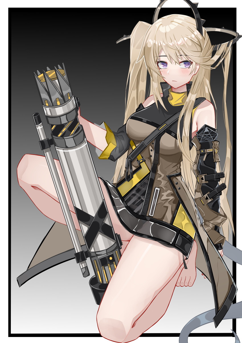 absurdres arknights bare_legs bare_shoulders barefoot blonde_hair blush border breasts bright_pupils brown_dress cannon closed_mouth cosplay detached_sleeves dress female full_body gradient_background grey_background hair_ornament highres indigo_(arknights) long_hair long_sleeves looking_at_viewer medium_breasts muusn on_one_knee one_side_up outside_border purple_eyes very_long_hair waist_cape weedy_(arknights) weedy_(arknights)_(cosplay) white_border