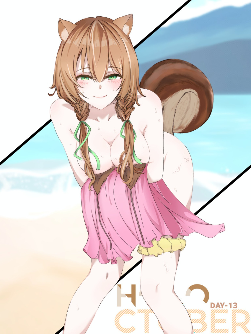 aion_tesla animal_ears ayunda_risu beach blush female green_eyes hair_knot highres holding holding_unworn_clothes hololive hololive_indonesia looking_at_viewer nude solo squirrel_ears squirrel_girl squirrel_tail sweat sweatdrop tail virtual_youtuber