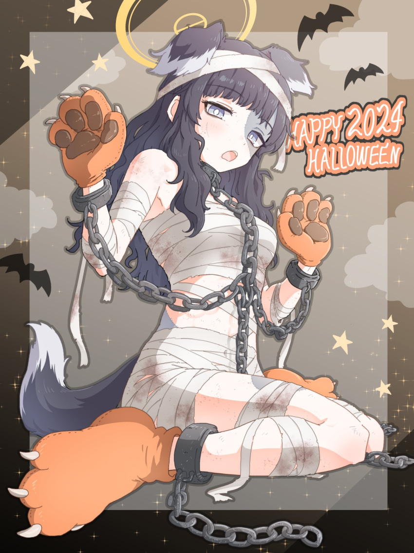 animal_ears animal_hands bat_(animal) black_hair blue_archive blue_eyes breasts chains chest_sarashi dog_ears female gauze gloves halloween halloween_costume halo happy_halloween hariyaa hibiki_(blue_archive) highres long_hair medium_breasts mummy mummy_costume paw_gloves sarashi sitting wariza