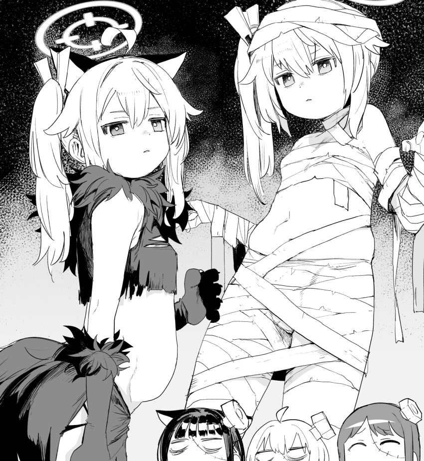 4girls airi_(halloween)_(blue_archive) animal_ears blue_archive gauze greyscale halloween halloween_costume halo highres kazusa_(halloween)_(blue_archive) long_hair monochrome multiple_girls mummy_costume natsu_(blue_archive) plump sadamatsu_ryuuichi stomach yoshimi_(halloween)_(blue_archive)