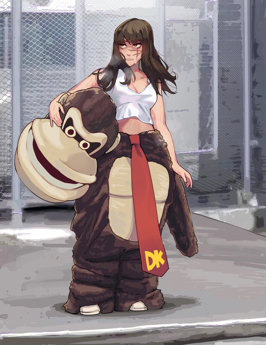 absurdres black_hair breasts chain-link_fence chainsaw_man character_costume donkey_kong donkey_kong_(series) donkey_kong_mascot_girl_(meme) female fence highres holding_mascot_head long_hair medium_breasts meme outdoors red_eyes ringed_eyes scar scar_on_cheek scar_on_face shirt solo sweat white_shirt yoru_(chainsaw_man) yuqi_non