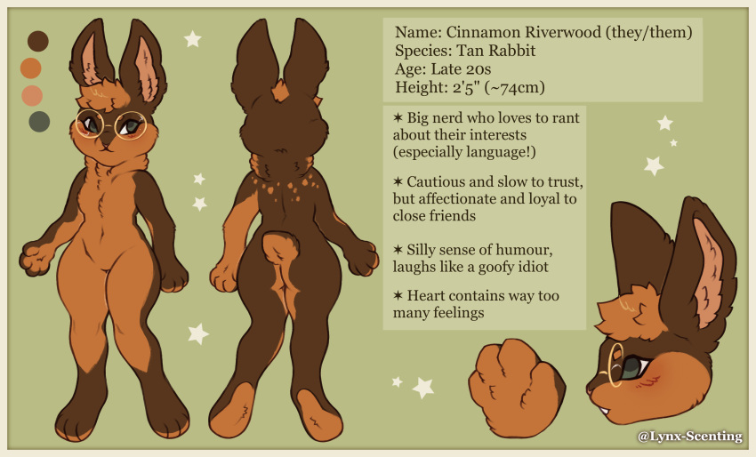 2024 anthro ass border breasts brown_body brown_ears brown_fur cinna_riverwood countershading english_text eyewear featureless_crotch female flat_colors fur glasses hi_res lagomorph leporid lynx_scenting mammal model_sheet neck_tuft nonbinary_(lore) nude paws pink_inner_ear pink_nose rabbit scut_tail short_fur short_tail small_breasts solo tail text tuft yellow_border