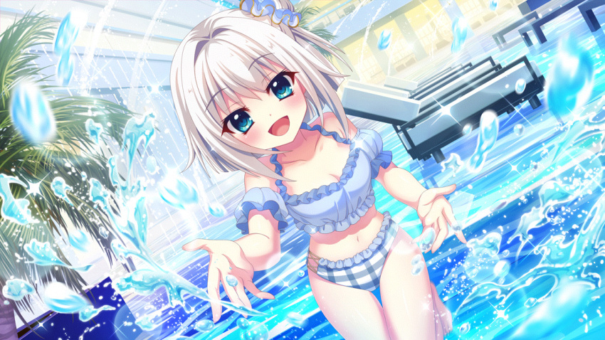 bikini blue_bikini blue_eyes blue_scrunchie blue_sleeves blush breasts chair cleavage collarbone detached_sleeves dot_nose dutch_angle female film_grain fountain frilled_bikini frills game_cg hair_bun hair_intakes hair_ornament hair_scrunchie indoors izumi_tsubasu lens_flare looking_at_viewer lounge_chair medium_breasts navel nishidate_haku non-web_source official_art open_mouth palm_tree plaid_bikini plaid_clothes pool re:stage! scrunchie short_hair single_hair_bun smile solo sparkle splashing swimsuit tree wading white_hair