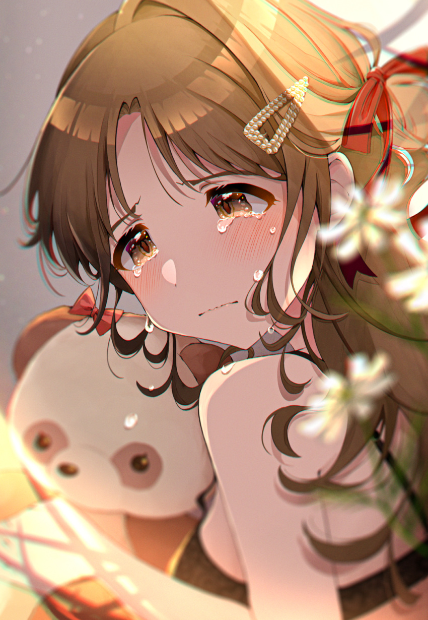 bare_shoulders black_bra blurry blurry_foreground blush bow bra breasts brown_eyes brown_hair closed_mouth crying crying_with_eyes_open depth_of_field dot_nose female flower from_side furrowed_brow grey_background hair_bun hair_ornament hair_ribbon hairbow hairclip highres holding holding_stuffed_toy ichikawa_hinana idolmaster idolmaster_shiny_colors large_breasts long_hair looking_at_another parted_bangs red_ribbon ribbon shadow single_hair_bun single_side_bun solo stuffed_animal stuffed_panda stuffed_toy tears umeume_(totoya) underwear upper_body wavy_mouth white_flower