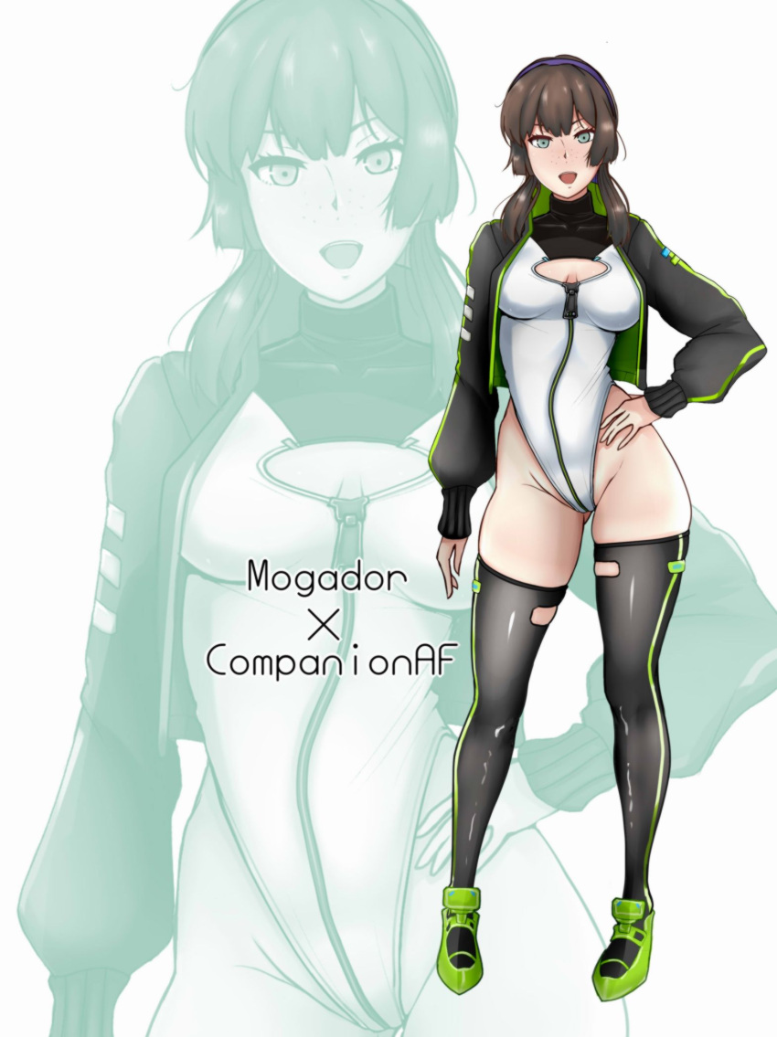 alice_gear_aegis black_jacket black_leotard black_thighhighs booth_babe breasts brown_hair circle_cutout companion/af female freckles front_zipper full-length_zipper green_eyes hairband highleg highleg_leotard highres jacket kantai_collection large_breasts leotard long_sleeves mogador_(kancolle) open_clothes open_jacket open_mouth purple_hairband r31harutan race_queen thighhighs turtleneck turtleneck_leotard two-tone_leotard white_leotard zipper zipper_leotard zoom_layer