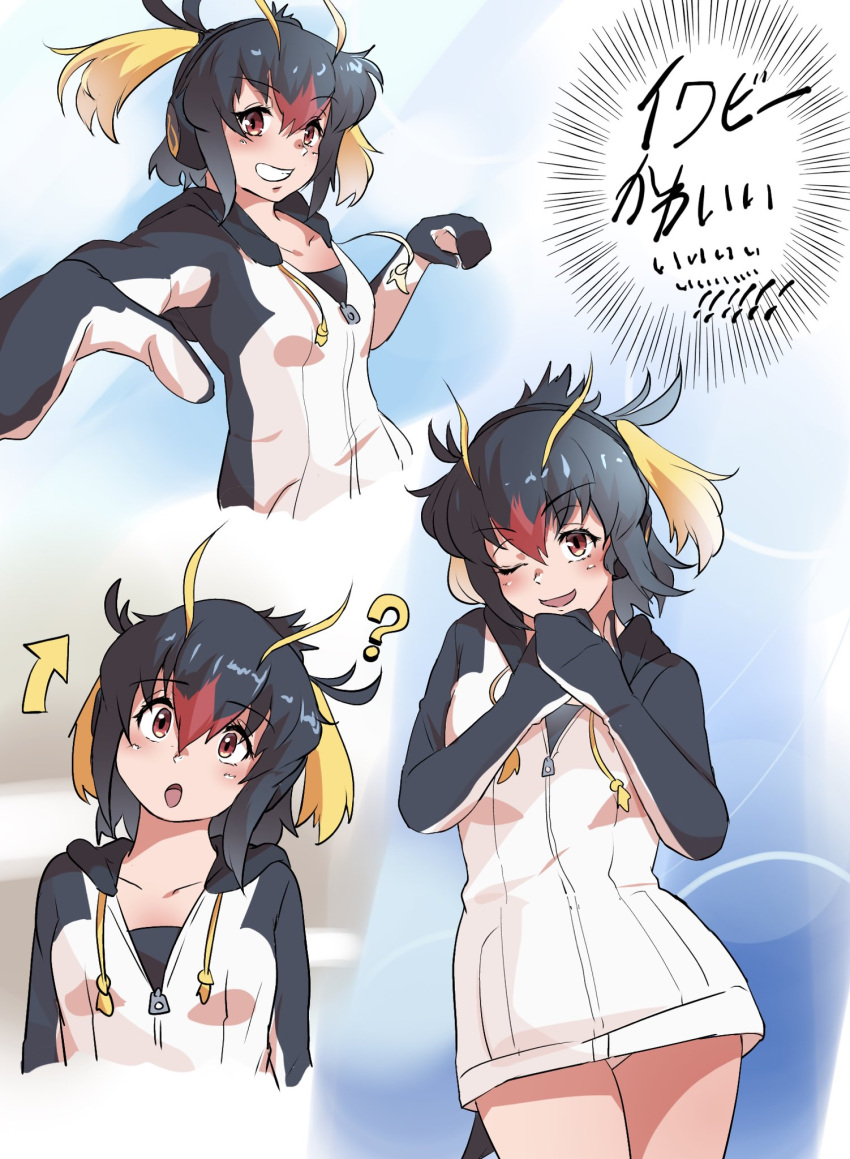 ? black_sweater blush cowboy_shot drawstring dress female hands_on_own_chest head_tilt headphones highres hood hood_down kemono_friends long_sleeves looking_at_viewer mittens multiple_views one_eye_closed open_mouth penguin_girl penguin_tail red_eyes rockhopper_penguin_(kemono_friends) short_hair short_twintails smile solo sweater sweater_dress tail translation_request twintails two-tone_sweater upper_body white_sweater wifi1981321