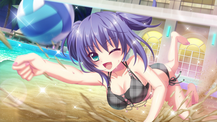 alternate_hairstyle ball barefoot bikini black_bikini blurry blurry_foreground breasts building cleavage clenched_hand collarbone dive dot_nose dutch_angle female film_grain game_cg green_eyes honjou_kasumi izumi_tsubasu large_breasts layered_bikini lens_flare night non-web_source official_art one_eye_closed open_mouth outdoors pink_gemstone pink_nails plaid_bikini plaid_clothes playing_sports purple_hair re:stage! sand short_hair sidelocks small_sweatdrop smile solo sparkle swimsuit two_side_up volleyball volleyball_(object) volleyball_net water