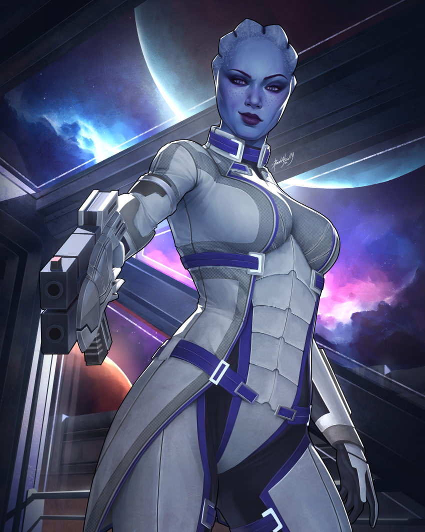 absurdres alien asari_(mass_effect) blue_eyes blue_skin breasts clip_studio_paint_(medium) colored_skin dalejomej female from_below gun highres holding holding_gun holding_weapon large_breasts liara_t'soni looking_at_viewer mass_effect_(series) planet science_fiction signature solo spacecraft_interior weapon