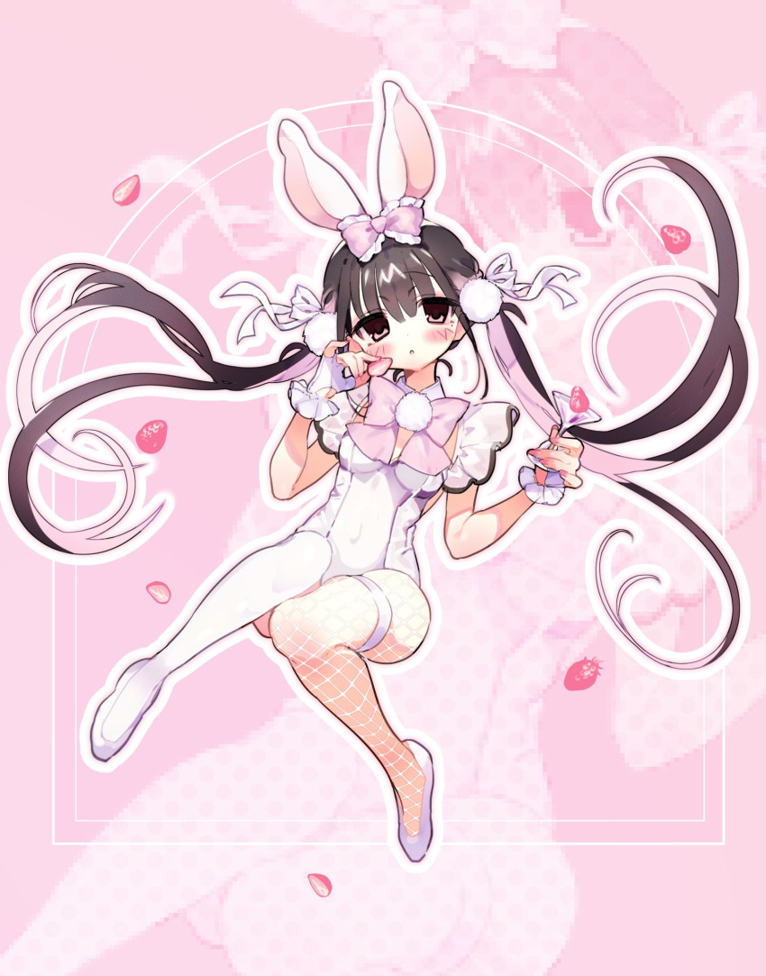 animal_ears black_hair bow bowtie cocktail_glass commentary_request cup drinking_glass female flats frilled_bow frilled_gloves frills full_body glove_cutout gloves highres holding holding_cup kmnk_(kumanuko) leotard long_hair original pink_bow pink_bowtie pink_eyes pink_hair pom_pom_(clothes) rabbit_ears solo twintails very_long_hair white_footwear white_gloves white_leotard