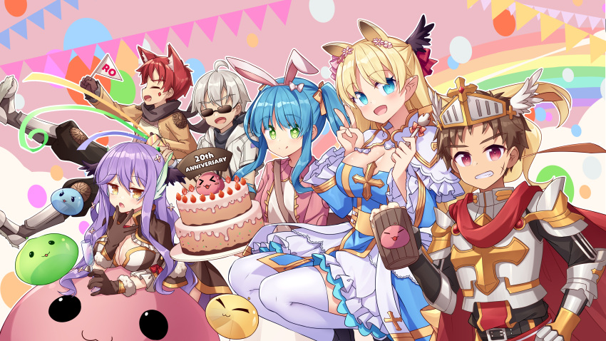 3boys 3girls :d :q absurdres ahoge amemiya_ruki animal_ear_fluff animal_ears anniversary apron armor armored_boots black_pants blonde_hair blue_dress blue_eyes blue_hair boots bow breastplate breasts brown_bow brown_eyes brown_gloves brown_hair brown_jacket cake character_request cleavage closed_mouth commentary_request cross-shaped_pupils cup dress fake_animal_ears foam food frilled_apron frills gauntlets gloves green_eyes grey_hair grin hair_between_eyes hairband hairbow hand_on_own_hip hands_up highres holding holding_cup jacket knee_boots long_hair looking_at_viewer medium_breasts multiple_boys multiple_girls outline pants pauldrons pennant pink_jacket puffy_pants purple_hair rabbit_ears ragnarok_online rainbow_background red_eyes shirt shoulder_armor smile string_of_flags sunglasses symbol-shaped_pupils tankard thick_eyebrows thighhighs tongue tongue_out twintails v very_long_hair visor_(armor) white_apron white_hairband white_outline white_shirt white_thighhighs