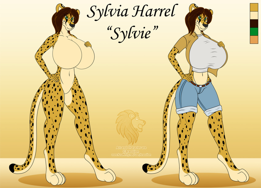 2015 4_toes anthro artist_name barefoot belt belt_buckle big_breasts black_nose black_spots black_tail_tip blue_bottomwear blue_clothing blue_shorts bottomwear brasslion breasts brown_belt brown_dress_shirt brown_hair buckle character_name cheetah closed_smile clothed clothed/nude clothed_anthro clothed_female clothing collarbone color_swatch crop_top digital_media_(artwork) dipstick_tail dress_shirt english_description english_text featureless_breasts featureless_crotch feet felid feline female fur green_eyes hair hand_on_breast huge_breasts long_hair long_tail looking_at_viewer mammal markings midriff model_sheet mouth_closed multicolored_body multicolored_fur multicolored_tail nude nude_anthro nude_female paws shirt shorts smile smiling_at_viewer solo spots spotted_body spotted_fur spotted_markings spotted_tail standing sylvia_harrell tail tail_markings tan_body tan_breasts tan_fur tan_tail text toes topwear url white_clothing white_crop_top white_topwear