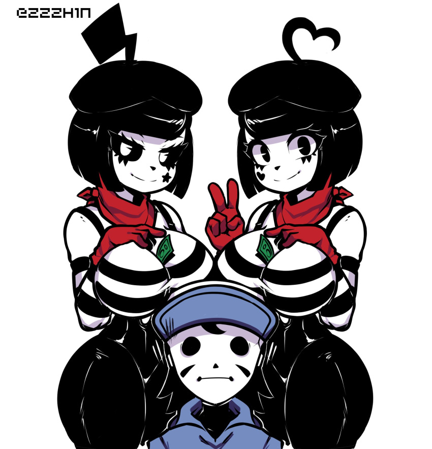 1boy 1boy2girls 2girls 2girls1boy big_breasts black_eyes bonbon_(derpixon) breasts chuchu_(derpixon) dash_(derpixon) female huge_breasts male mime mime_and_dash mime_girl money money_between_breasts money_in_cleavage red_gloves red_scarf sisters thick thick_ass thick_thighs white_eyes