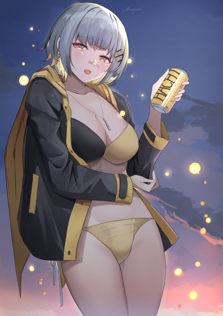 bandaid bandaid_on_face bandaid_on_nose bikini black_jacket blonde_hair blush breasts can cleavage female grey_hair hachi_(live_union) hair_ornament highres holding holding_can jacket jewelry large_breasts live_union long_sleeves looking_at_viewer multicolored_hair necklace open_clothes open_jacket open_mouth outdoors short_hair shougun_(chuckni1) smile solo swimsuit thighs two-tone_bikini virtual_youtuber yellow_eyes