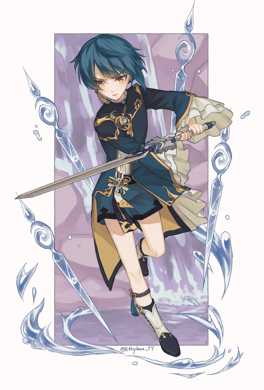 1boy absurdres blue_hair blush chinese_clothes earrings ethylene_ty frilled_sleeves frills genshin_impact highres holding holding_sword holding_weapon jacket jewelry liquid_weapon long_sleeves male_focus open_mouth otoko_no_ko short_hair simple_background single_earring solo sword water weapon xingqiu_(genshin_impact) yellow_eyes