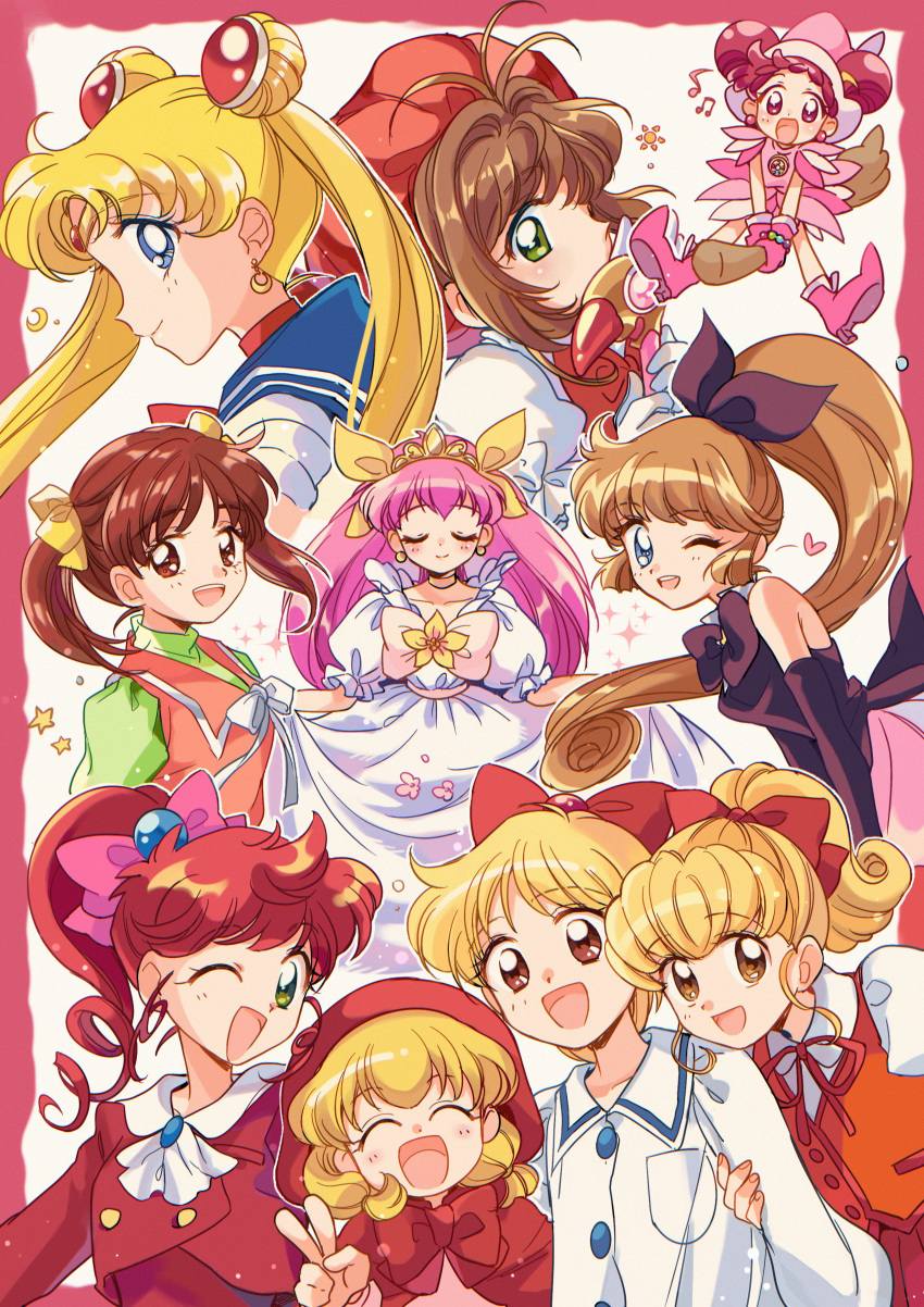 6+girls :d ;d absurdres ai_tenshi_densetsu_wedding_peach akazukin_chacha antenna_hair beret bishoujo_senshi_sailor_moon black_bow blonde_hair blue_eyes blue_hair blue_sailor_collar blush boots bow broom broom_riding brown_eyes cardcaptor_sakura chacha_(akazukin_chacha) closed_eyes closed_mouth collared_shirt commentary_request crescent crescent_earrings crossover double_bun dress earrings fancy_lala flower_brooch fuuin_no_tsue genre_connection gloves green_eyes hair_bun hairbow hanasaki_momoko haneoka_meimi happy harukaze_doremi hat heart highres hime-chan_no_ribbon hood hood_up jacket jewelry kaitou_saint_tail kinomoto_sakura kokubu_karin leotard long_hair looking_at_viewer looking_back magical_girl moriya_ririka multiple_crossover multiple_girls musical_note neck_ribbon nonohara_himeko nurse_angel_ririka_sos ojamajo_doremi one_eye_closed pink_bow pink_dress pink_eyes pink_footwear pink_gloves pink_headwear ponytail princess_tutu_(character) puffy_short_sleeves puffy_sleeves purple_hair red_bow red_hair red_headwear red_jacket red_ribbon ribbon sailor_collar sailor_moon sailor_senshi_uniform saint_tail school_uniform shinohara_miho shirt short_hair short_sleeves smile sparkle star_(symbol) sun_symbol suzuki_(2red_moon3) tiara tonde_buurin tsukino_usagi twintails v wedding_peach white_dress white_leotard white_shirt witch_hat