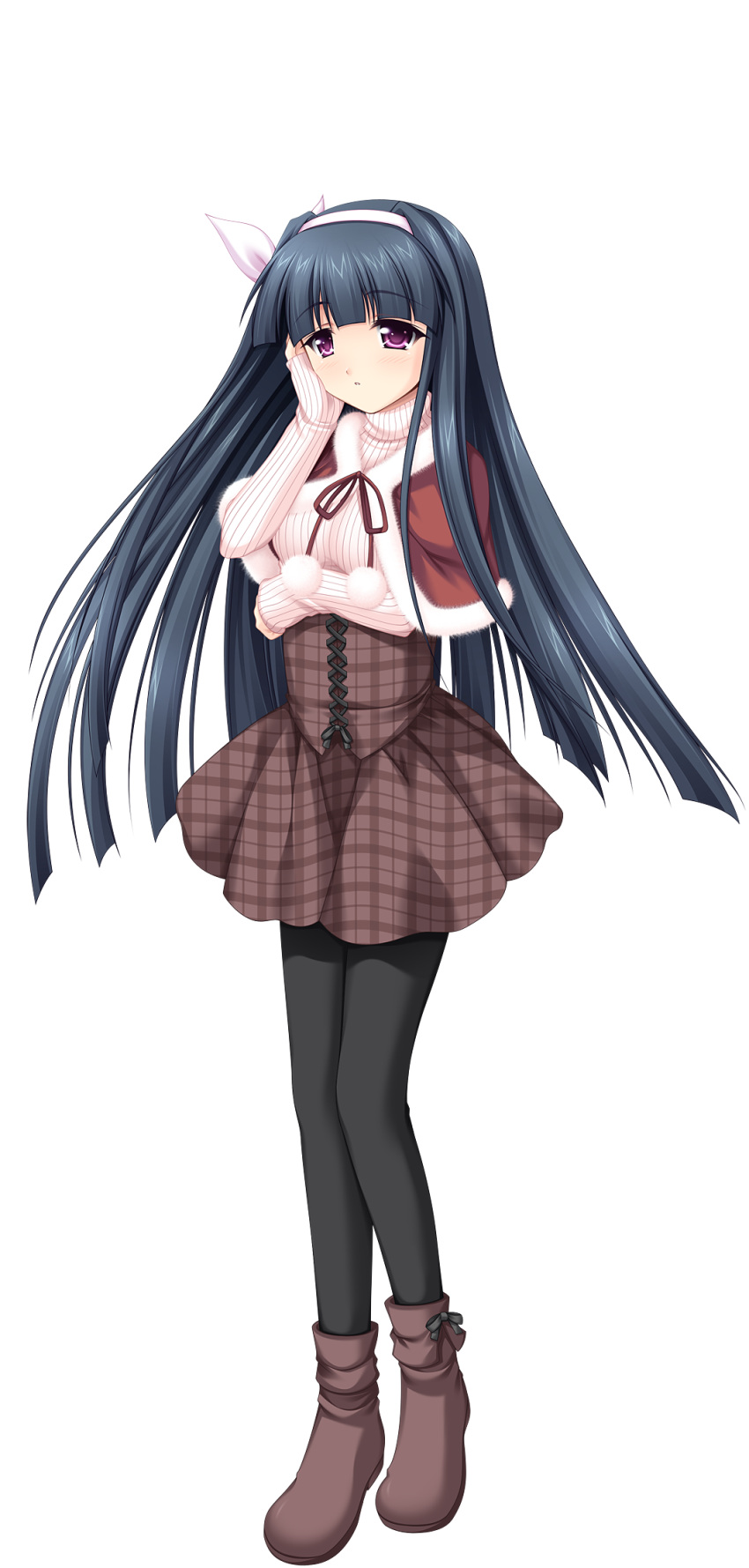 alpha_(yukai_na_nakamatachi) black_hair black_pantyhose blunt_bangs bow bow_hairband brown_footwear brown_skirt capelet female floating_hair full_body fur-trimmed_capelet fur_trim game_cg hairband hairbow hayakawa_yuriko highres long_hair long_sleeves miniskirt pantyhose parted_lips plaid plaid_skirt purple_eyes red_capelet ribbed_sweater skirt sleeves_past_wrists solo standing sweater tachi-e transparent_background underbust very_long_hair w.l.o_sekai_ren'ai_kikou white_bow white_hairband white_sweater