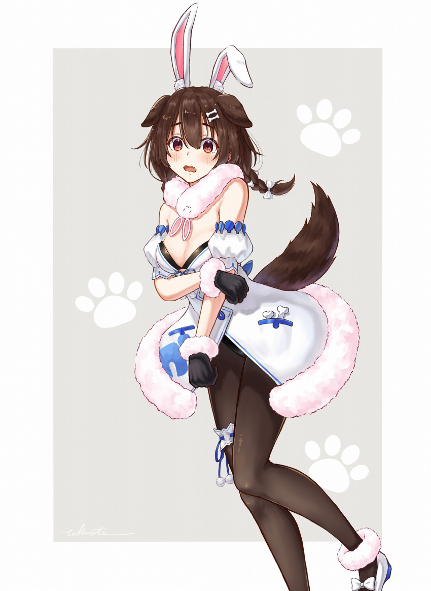 animal_ears arm_under_breasts bare_shoulders black_gloves black_leotard black_pantyhose blush bone_hair_ornament braid breasts bridal_garter brown_eyes brown_hair cleavage coat coat_dress commentary_request cosplay cutout_above_navel detached_sleeves dog_ears dog_girl dog_tail don-chan_(usada_pekora) dress embarrassed extra_ears female full_body fur-trimmed_coat fur-trimmed_gloves fur_scarf fur_trim gloves grabbing_own_arm grey_background hair_between_eyes hair_ornament hairclip highres hololive inugami_korone knee_up leotard leotard_under_clothes long_hair looking_at_viewer low_twin_braids medium_breasts oerba_yun_fang open_mouth pantyhose paw_print paw_print_background playboy_bunny puffy_detached_sleeves puffy_short_sleeves puffy_sleeves rabbit_ears scarf short_sleeves skin_fang solo standing standing_on_one_leg strapless strapless_dress strapless_leotard tail takimoto_nao twin_braids usada_pekora usada_pekora_(1st_costume) usada_pekora_(cosplay) virtual_youtuber white_coat white_scarf white_sleeves