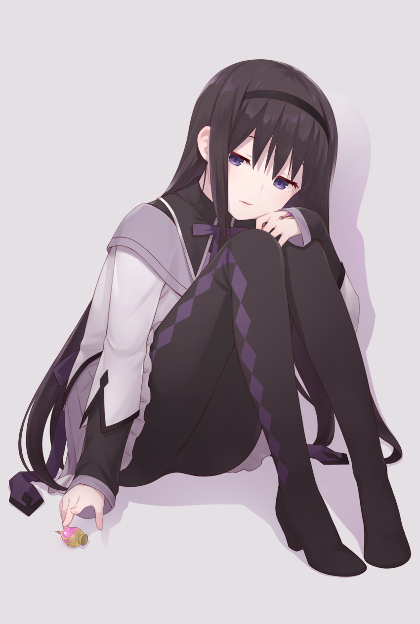 absurdres akemi_homura akemi_homura_(magical_girl) argyle_clothes argyle_legwear black_hair black_hairband black_pantyhose boots capelet commentary_request female frilled_skirt frills grey_skirt grief_seed ha-ru hairband high_heel_boots high_heels highres knees_up long_hair long_sleeves magical_girl mahou_shoujo_madoka_magica mahou_shoujo_madoka_magica_(anime) neck_ribbon pantyhose parted_lips pleated_skirt purple_eyes purple_ribbon ribbon shadow shirt simple_background sitting skirt sleeves_past_wrists solo soul_gem white_background white_shirt