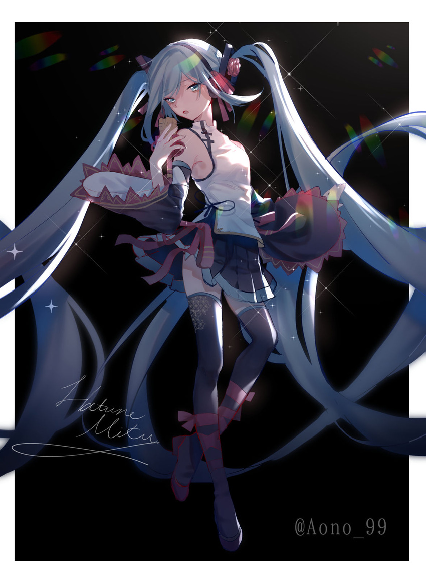 absurdly_long_hair aono_99 aqua_eyes aqua_hair bad_id bad_pixiv_id bare_shoulders black_background black_skirt black_sleeves black_thighhighs cable character_name chinese_clothes commentary detached_sleeves diffraction_spikes female flower full_body hair_flower hair_ornament hand_up hatsune_miku hatsune_miku_expo highres holding holding_microphone lens_flare long_hair looking_at_viewer looking_to_the_side md5_mismatch microphone miniskirt open_mouth outstretched_arm pleated_skirt rainbow red_ribbon resolution_mismatch ribbon shirt skirt sleeveless sleeveless_shirt solo source_larger standing thighhighs twintails twitter_username very_long_hair vocaloid white_shirt wide_sleeves zettai_ryouiki