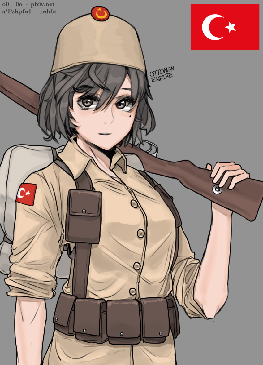 backpack bag breasts brown_eyes brown_hair brown_headwear female fez_hat flag grey_background gun hearts_of_iron highres holding holding_gun holding_weapon kaiserreich looking_at_viewer medium_breasts messy_hair military mole mole_under_eye original ottoman_empire parted_lips pixiv_username pzkpfwi rifle short_hair short_sleeves simple_background sleeves_rolled_up solo weapon