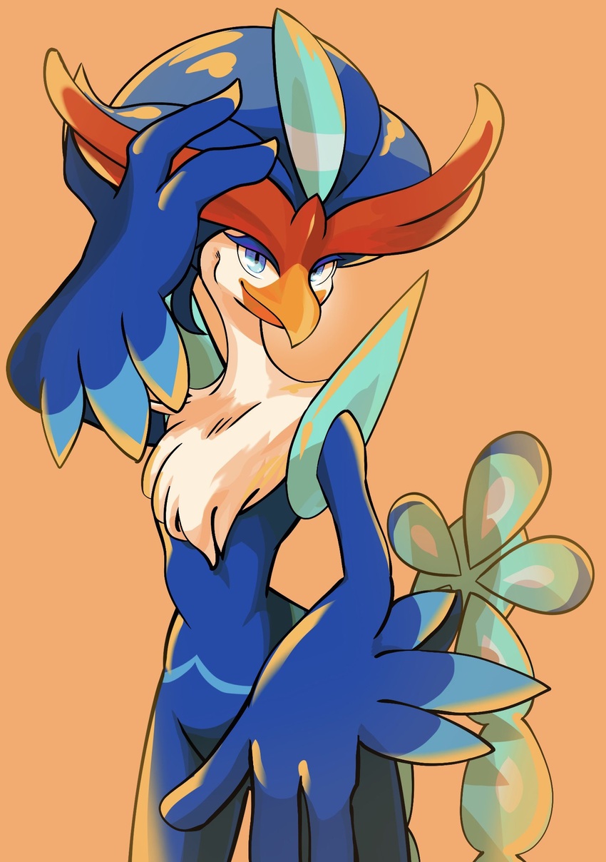 anthro avian beak blue_body blue_eyes blue_feathers feathers fluffy_chest generation_9_pokemon hi_res lidded_eyes nintendo orange_background orange_tubuan pokemon pokemon_(species) quaquaval simple_background solo yellow_beak