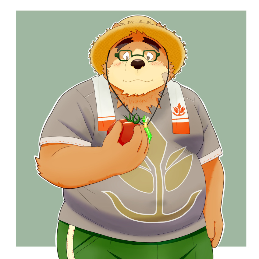 1:1 2021 anthro bear belly black_nose blush brown_body brown_fur clothing eyewear food fruit fur glasses hat headgear headwear hi_res humanoid_hands kemono lifewonders male mammal overweight overweight_male plant simple_background solo straw_hat tokyo_afterschool_summoners tomato volos_(tas) yaki_atsuage