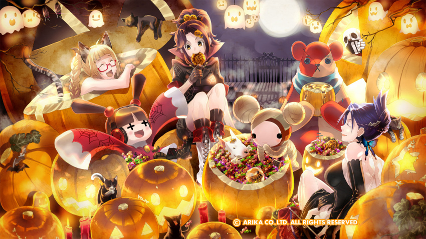 +_+ arika black_dress breasts brown_hair bull_(technictix) candle candy canine character_request dress feline food full_body gloves halloween headphones highres knitty_(technictix) long_hair long_sleeves moon multiple_girls official_art official_wallpaper open_mouth pumpkin rain_(technictix) short_hair skullomania smile street_fighter street_fighter_ex_(series) technictix willie_(technictix)