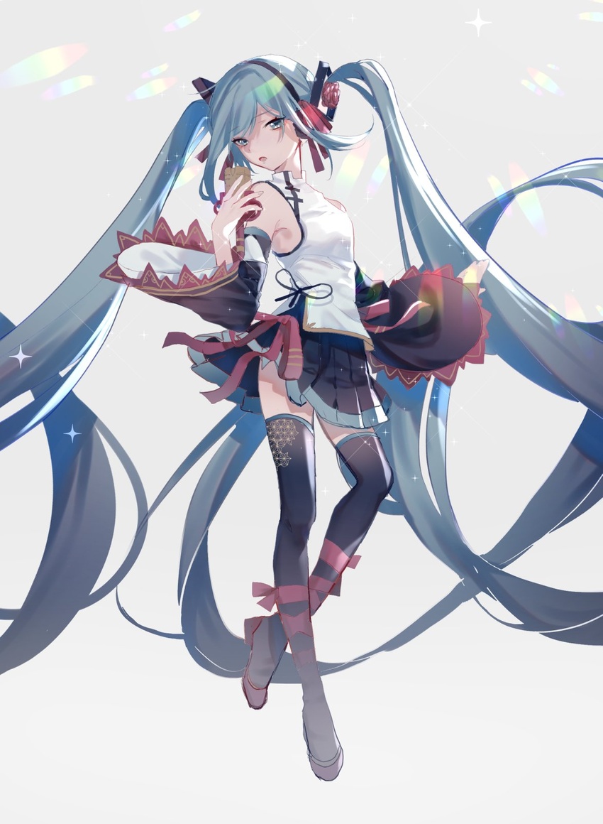 absurdly_long_hair aono_99 aqua_eyes aqua_hair bad_id bad_pixiv_id bare_shoulders black_skirt black_sleeves black_thighhighs cable character_name chinese_clothes commentary detached_sleeves diffraction_spikes female flower full_body grey_background hair_flower hair_ornament hand_up hatsune_miku hatsune_miku_expo highres holding holding_microphone lens_flare long_hair looking_at_viewer looking_to_the_side md5_mismatch microphone miniskirt open_mouth outstretched_arm pleated_skirt rainbow red_ribbon resolution_mismatch ribbon shirt skirt sleeveless sleeveless_shirt solo source_larger standing thighhighs twintails twitter_username very_long_hair vocaloid white_background white_shirt wide_sleeves zettai_ryouiki