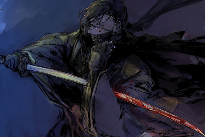 1boy black_gloves black_hair black_kimono black_scarf blood blood_on_clothes blood_on_face blood_on_weapon blue_background commentary_request fate/grand_order fate_(series) gloves holding holding_sword holding_weapon japanese_clothes katana kimono looking_at_viewer male_focus mask motion_lines mouth_mask purple_eyes scarf short_hair sideways_glance simple_background solo sword umu_(um) upper_body weapon wiping yamanami_keisuke_(fate)