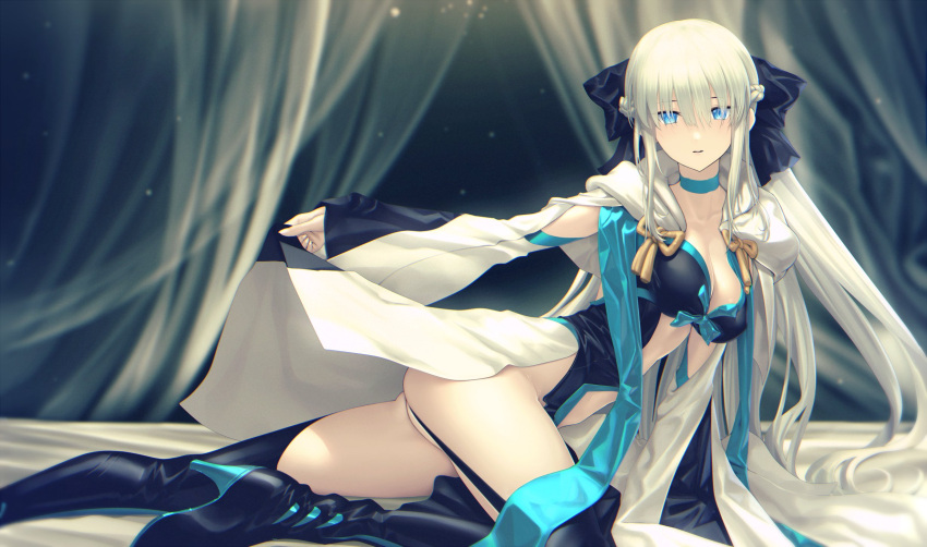 bed black_bow blue_choker blue_eyes blue_ribbon boots bow braid breasts center_opening choker cleavage clothing_cutout fate/grand_order fate_(series) female from_side garter_straps half_up_braid high_heels highres kawanakajima large_breasts long_sleeves looking_at_viewer morgan_le_fay_(fate) platinum_blonde_hair ribbon short_hair solo stomach_cutout thigh_boots thighhighs thighs two-tone_dress very_short_hair