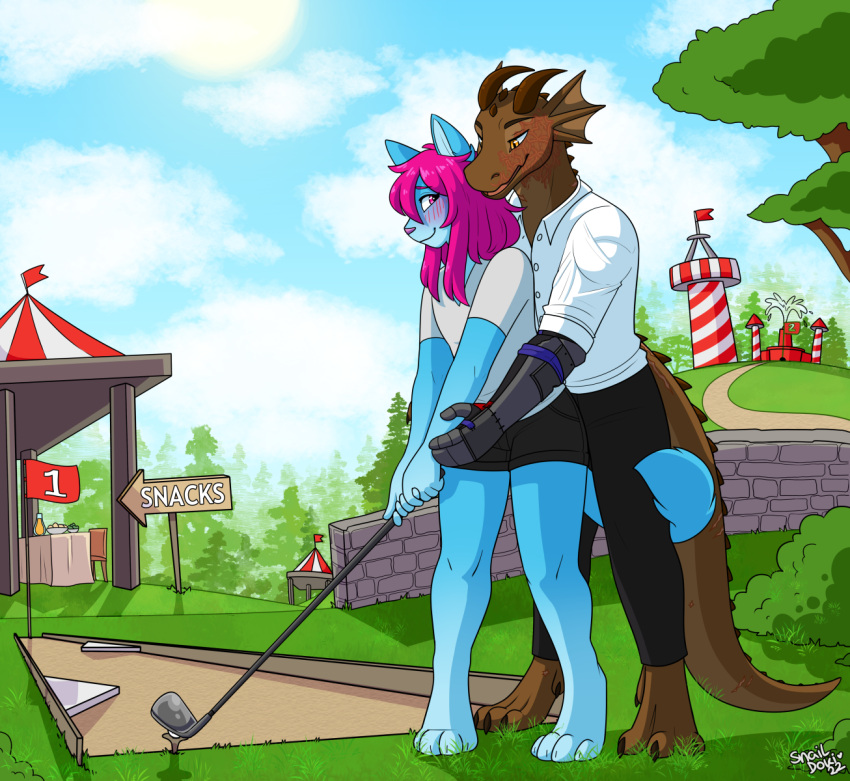 amusement_park anthro blue_body blue_fur blush breaks-the-stone clothed clothing domestic_cat duo felid feline felis fur golf golf_club golf_swing hair hi_res hug lizard male male/male mammal pink_hair reptile scalie skyy_keiino snaildoki space_station_13 sport tajaran