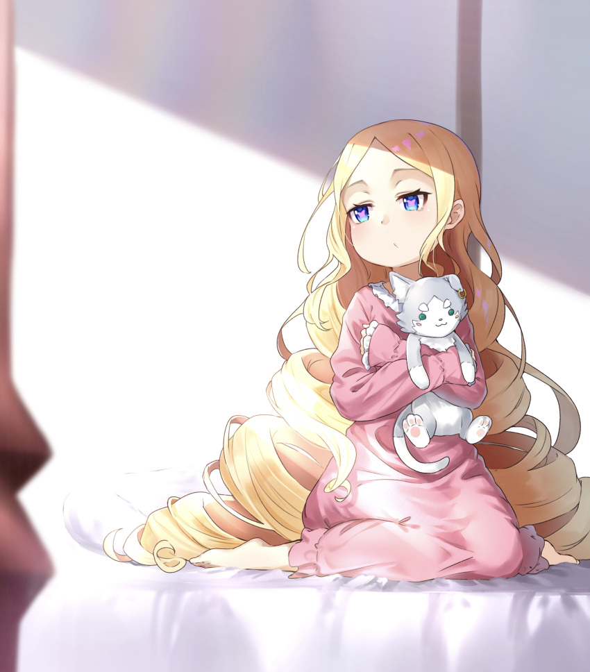 absurdres beatrice_(re:zero) bed bed_sheet blonde_hair blue_eyes butterfly-shaped_pupils commission commissioner_upload doll drill_hair female full_body highres hugging_doll hugging_object long_hair m.tokotsu nightgown on_bed pixiv_commission re:zero_kara_hajimeru_isekai_seikatsu sidelocks sitting sleepy solo symbol-shaped_pupils twin_drills wariza