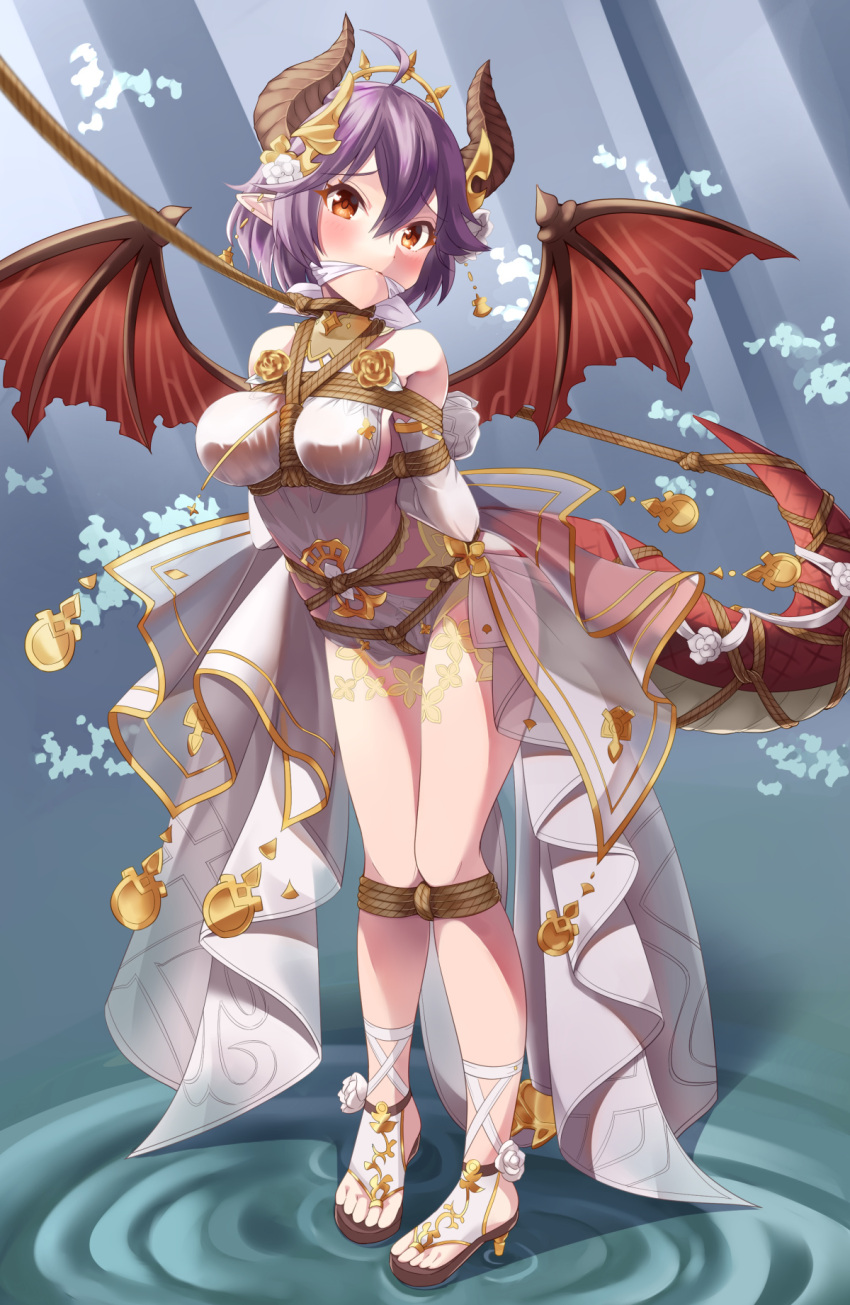 bare_legs bare_shoulders bondage bondage bound breasts brown_wings dragon_girl dragon_horns dragon_tail dragon_wings dress female full_body gag gagged gold granblue_fantasy grea_(shingeki_no_bahamut) high_heels highres horns large_breasts leaning_forward looking_at_viewer mukanata pointy_ears purple_hair red_eyes restrained shingeki_no_bahamut short_hair showgirl_skirt sideboob sideless_outfit tail tied_breast toes wings