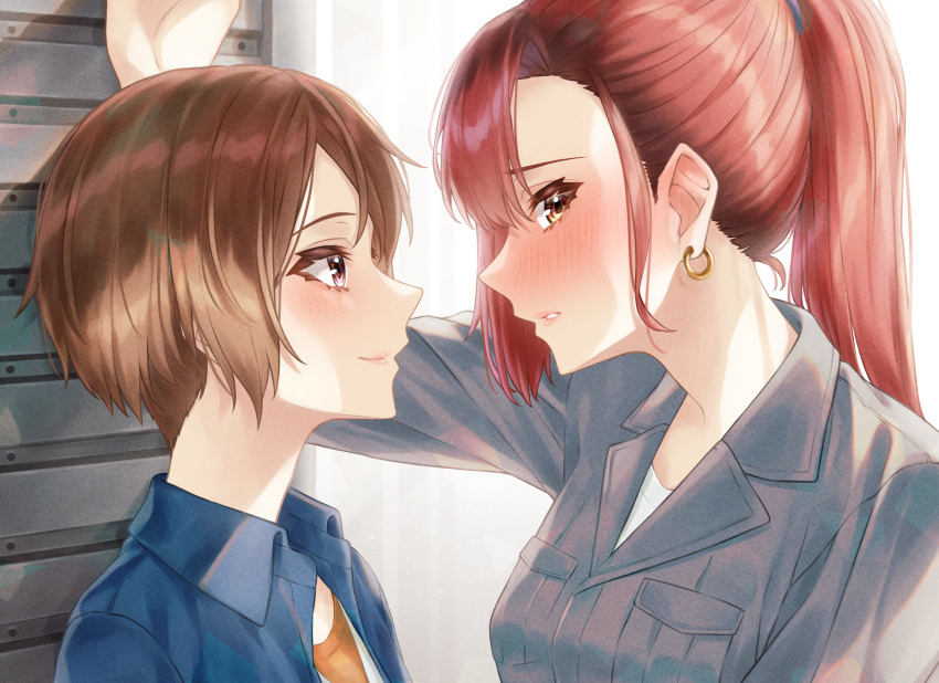 2girls absurdres bad_id bad_pixiv_id banana_oekaki blue_shirt blush brown_eyes brown_hair closed_mouth collared_shirt commentary_request commission dress_shirt earrings embarrassed grey_shirt highres ichikawa_natsumi jewelry kabedon long_hair looking_at_another looking_away multiple_girls open_clothes open_shirt parted_lips pixiv_commission ponytail red_hair seto_akari shirt short_hair smile upper_body urasekai_picnic wing_collar yuri