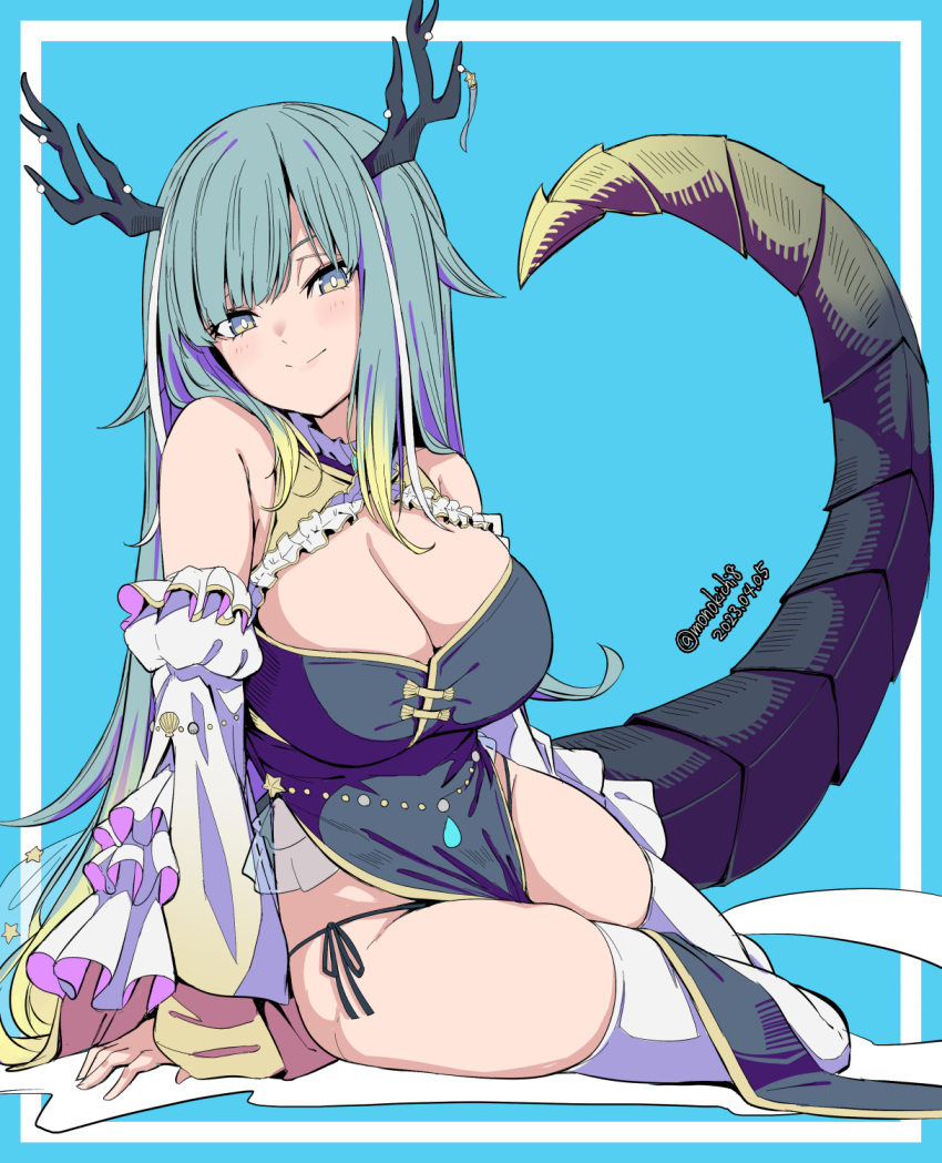 antlers bare_shoulders black_panties blue_background blue_eyes blue_hair breasts cleavage commentary_request dated detached_sleeves dragon_girl dragon_horns dragon_tail eyebrows_hidden_by_hair female frilled_sleeves frills green_eyes green_hair highres horns kichihachi la_peche_party large_breasts light_blush long_hair looking_at_viewer panties shioumi_waka side-tie_panties sitting solo tail thighhighs thighs twitter_username underwear virtual_youtuber white_thighhighs