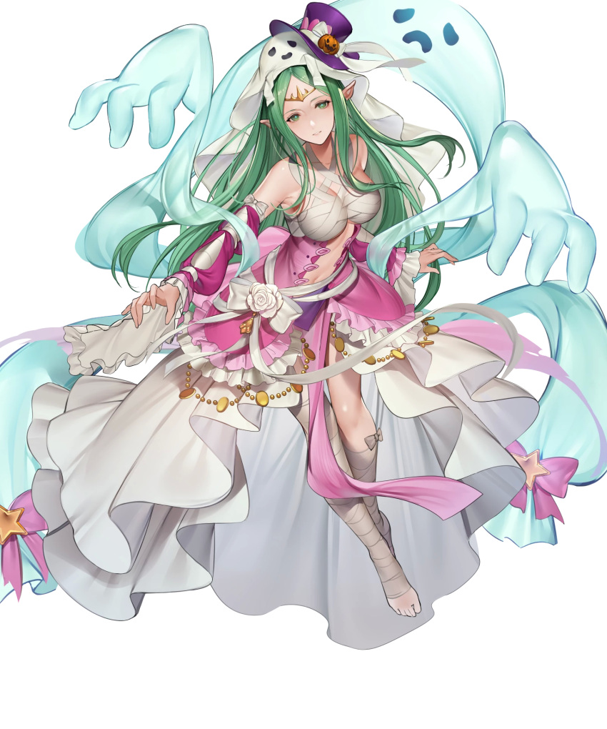 bandaged_arm bandaged_leg bandages bare_shoulders breasts detached_sleeves dress female fire_emblem fire_emblem:_mystery_of_the_emblem fire_emblem_awakening fire_emblem_heroes frills full_body ghost green_eyes green_hair halloween halloween_costume hanusu hat highres jewelry long_dress long_hair looking_at_viewer medium_breasts naga_(fire_emblem) naga_(halloween)_(fire_emblem) navel non-web_source official_art pale_skin pointy_ears sarashi shiny_skin stomach tiara toeless_legwear toes transparent_background veil wide_sleeves