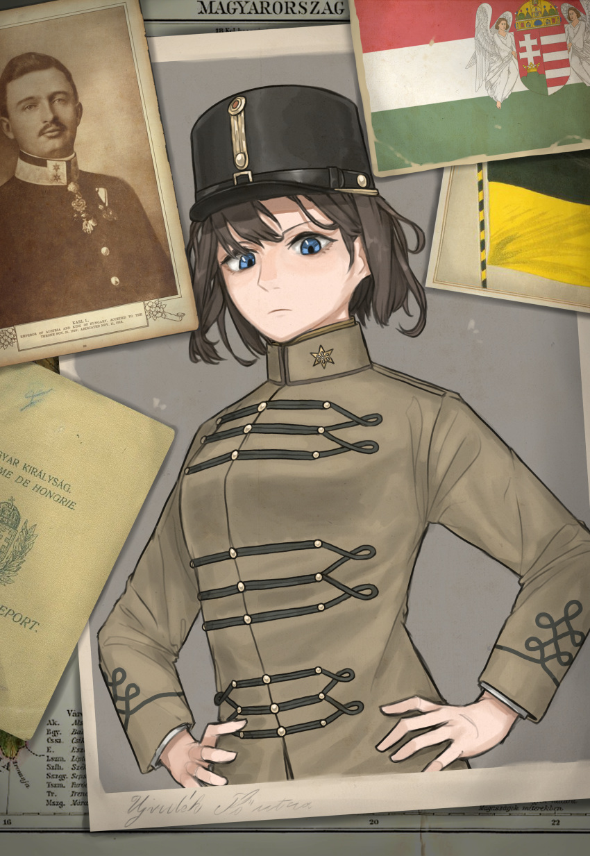 1boy absurdres black_headwear blue_eyes breasts brown_hair closed_mouth english_text female french_text frown hands_on_own_hips hat hearts_of_iron highres hungarian_flag hungarian_text hungary kaiserreich karl_i/iv/iii long_sleeves looking_at_viewer medium_breasts military original photo_(object) pzkpfwi short_hair