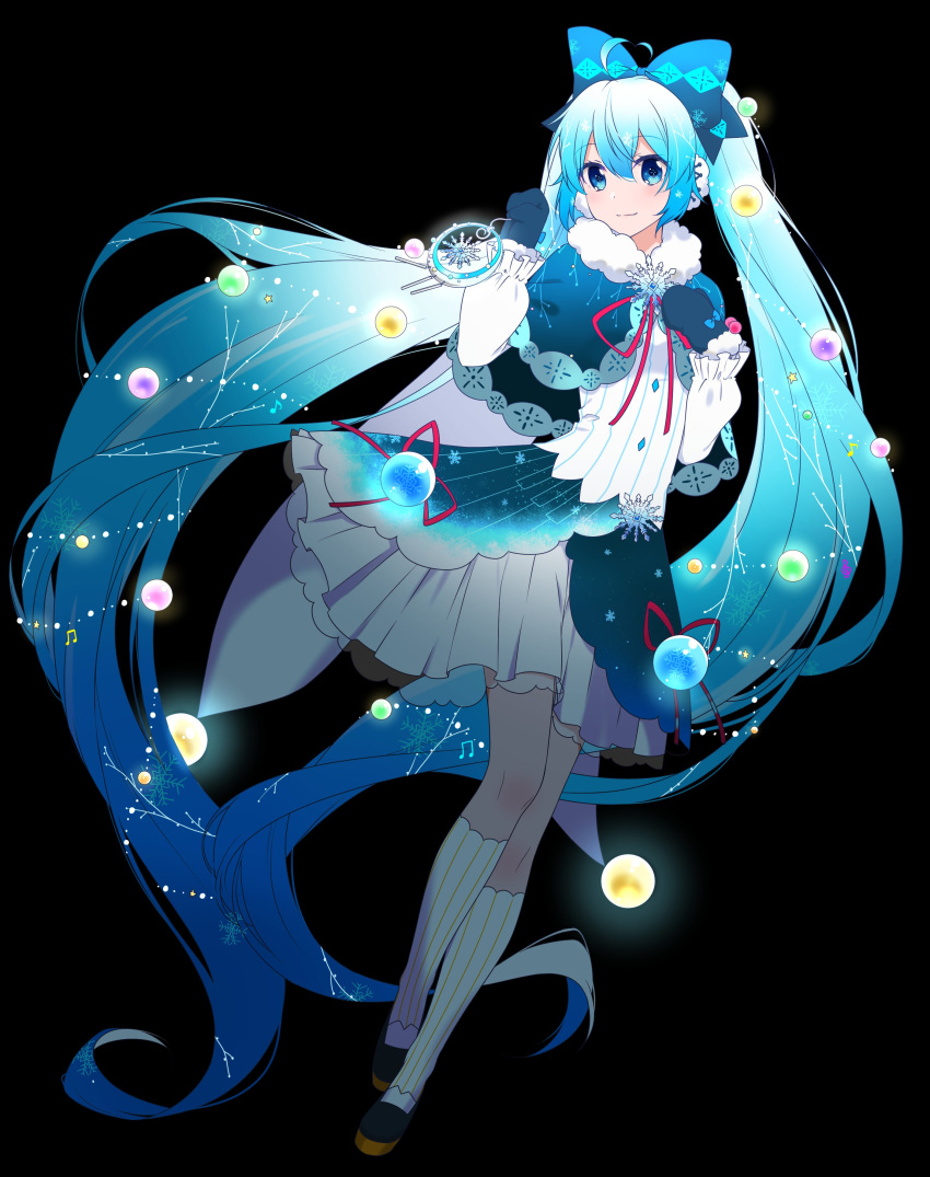 absurdres black_background blue_bow blue_capelet blue_eyes blue_gloves blue_hair blue_skirt borrowed_design bow capelet commentary crescent_moon female fur-trimmed_capelet fur_trim gloves hair_ribbon hairbow hands_up hatsune_miku highres holding holding_instrument illumination instrument kneehighs layered_skirt light_blue_hair light_blush light_smile long_hair looking_at_viewer moon neck_ribbon red_ribbon ribbon shirt skirt snowflakes so_ra_01_02 socks solo string_of_light_bulbs striped_clothes striped_shirt twintails vertical-striped_clothes vertical-striped_shirt very_long_hair vocaloid white_shirt wind_chime yuki_miku yuki_miku_(2021)_(candidate_no.3)